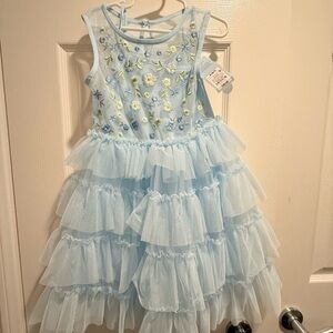 Light Blue Tiered Ruffle kids Dress with Floral Embroidery